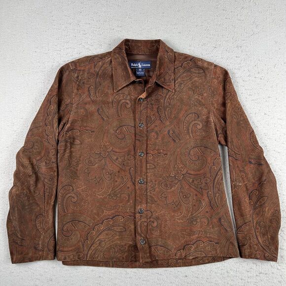 Vintage Ralph Lauren Brown Paisley Leather Long Sleeve Collared Skirt Suit 10